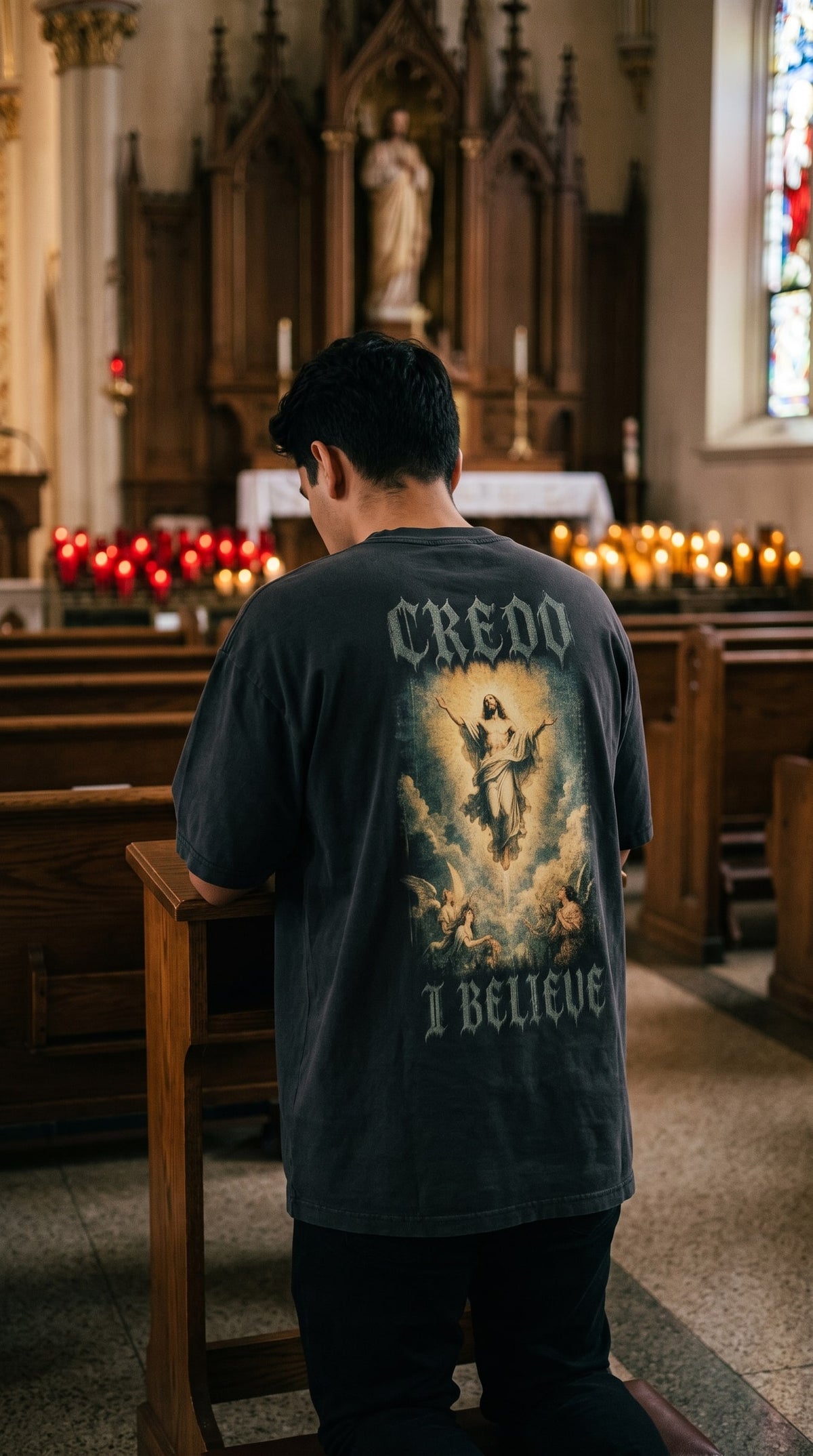 Credo — I Believe Tee, back, worn in prayer.
